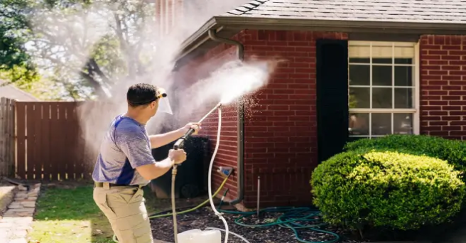 Window Genie service professional pressure washing brick siding. 