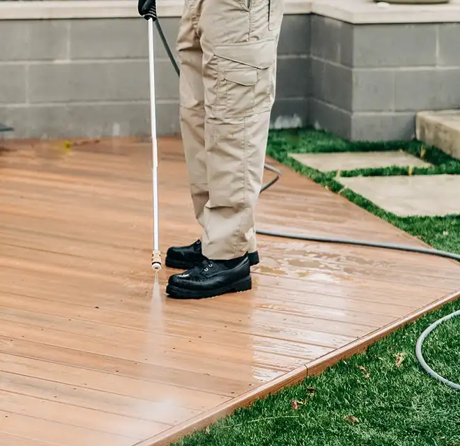 A light wood platform being pressure washed.