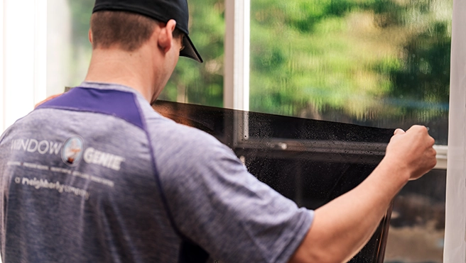 Window Genie technician installing solar window film.