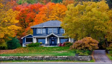 House in autumn with fallen leaves on the front lawn and trees with multi colored leaves in the background.