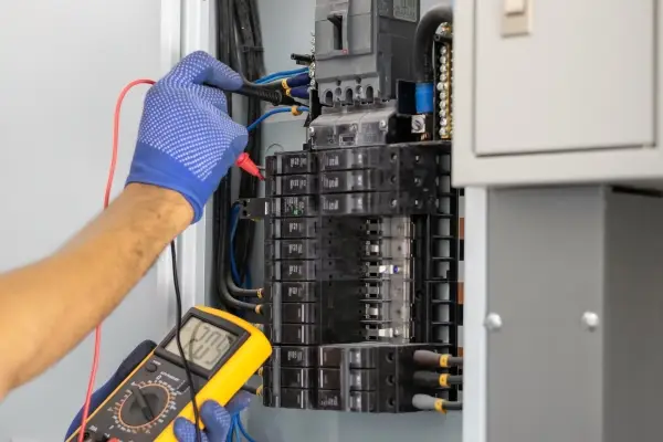 Electrician checking circuit panel in a residential home.