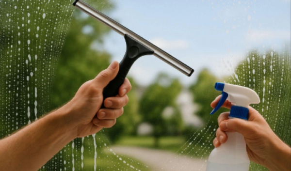 A person cleaning a window with a sprayer and cleaner.