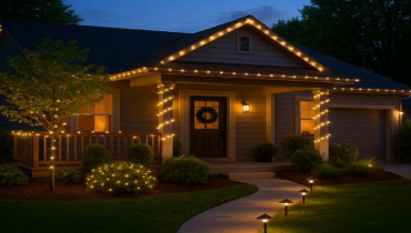 Outdoor lights illuminate a house.